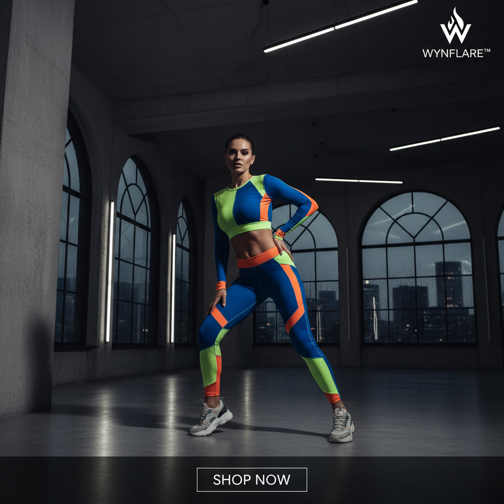 WYNFLARE Bold Activewear: Woman in colorful matching activewear set - performance meets style