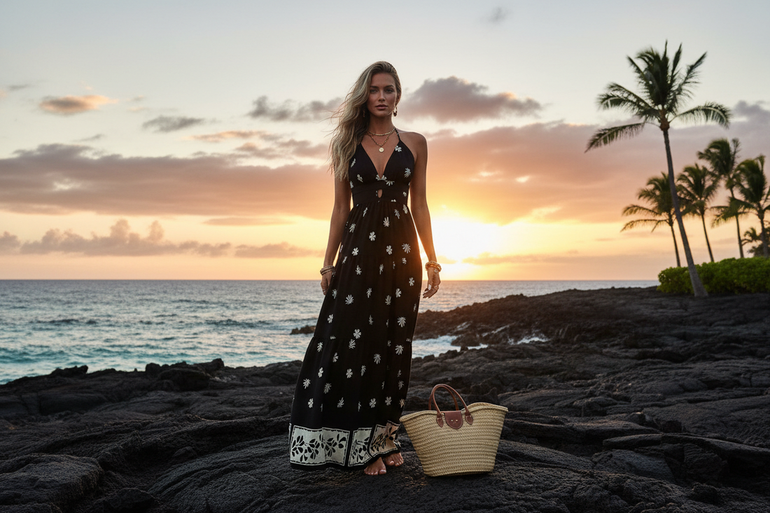 Woman wearing Wynflare™ Printed Halter Neck Maxi Dress at Four Seasons Resort Hualalai, Kona, Big Island Hawaii, golden sunset over the Pacific Ocean