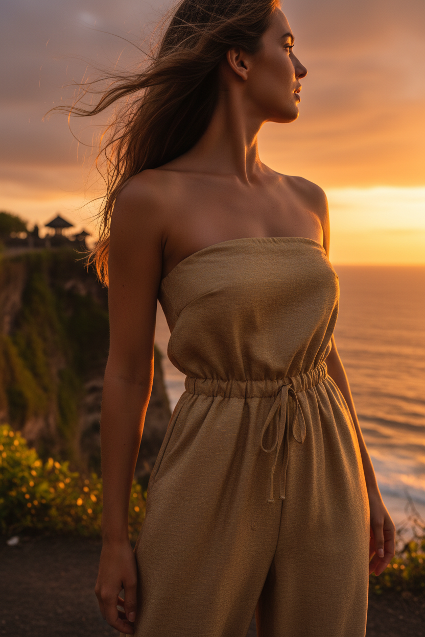 Woman wearing Wynflare™ Tube Top Jumpsuit with Drawstring Waist at Uluwatu Temple cliffs, Bali Indonesia, golden sunset over the Indian Ocean