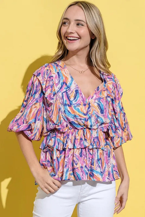 And The Why Printed Lantern Sleeve Blouse - WYNFLARE