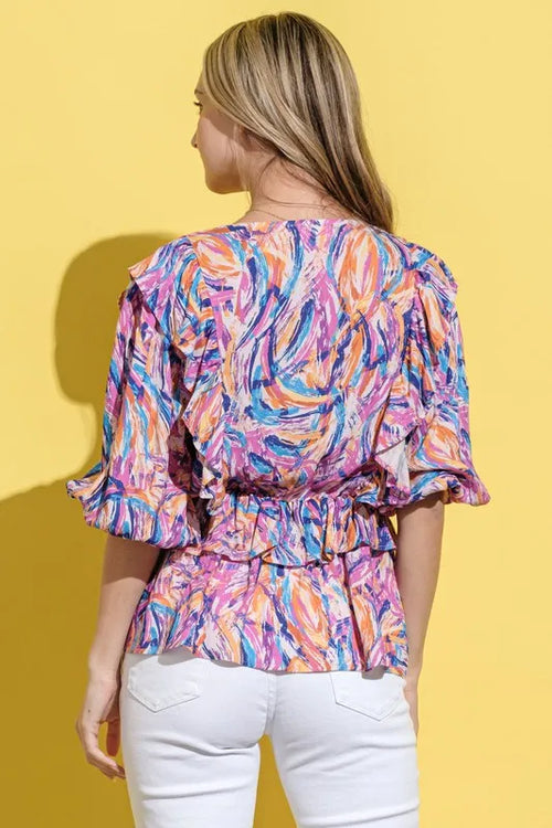 And The Why Printed Lantern Sleeve Blouse - WYNFLARE