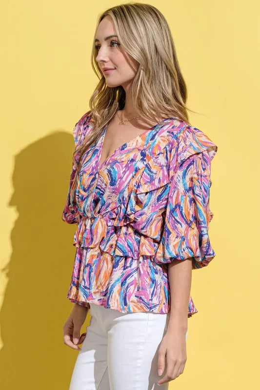 And The Why Printed Lantern Sleeve Blouse - WYNFLARE