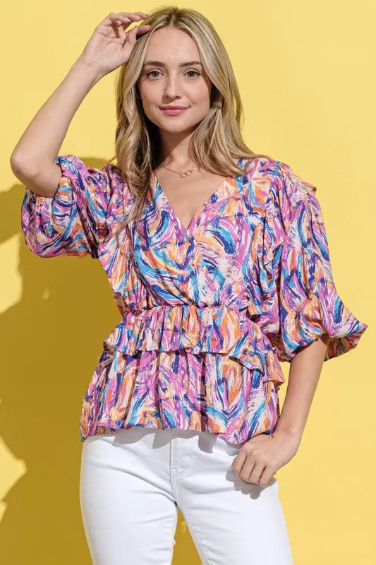 And The Why Printed Lantern Sleeve Blouse - WYNFLARE