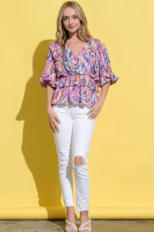 And The Why Printed Lantern Sleeve Blouse - WYNFLARE