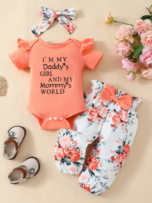 Baby Girl Ruffled Bodysuit & Pants Set with Headband – Cute 3-Piece Outfit - WYNFLARE
