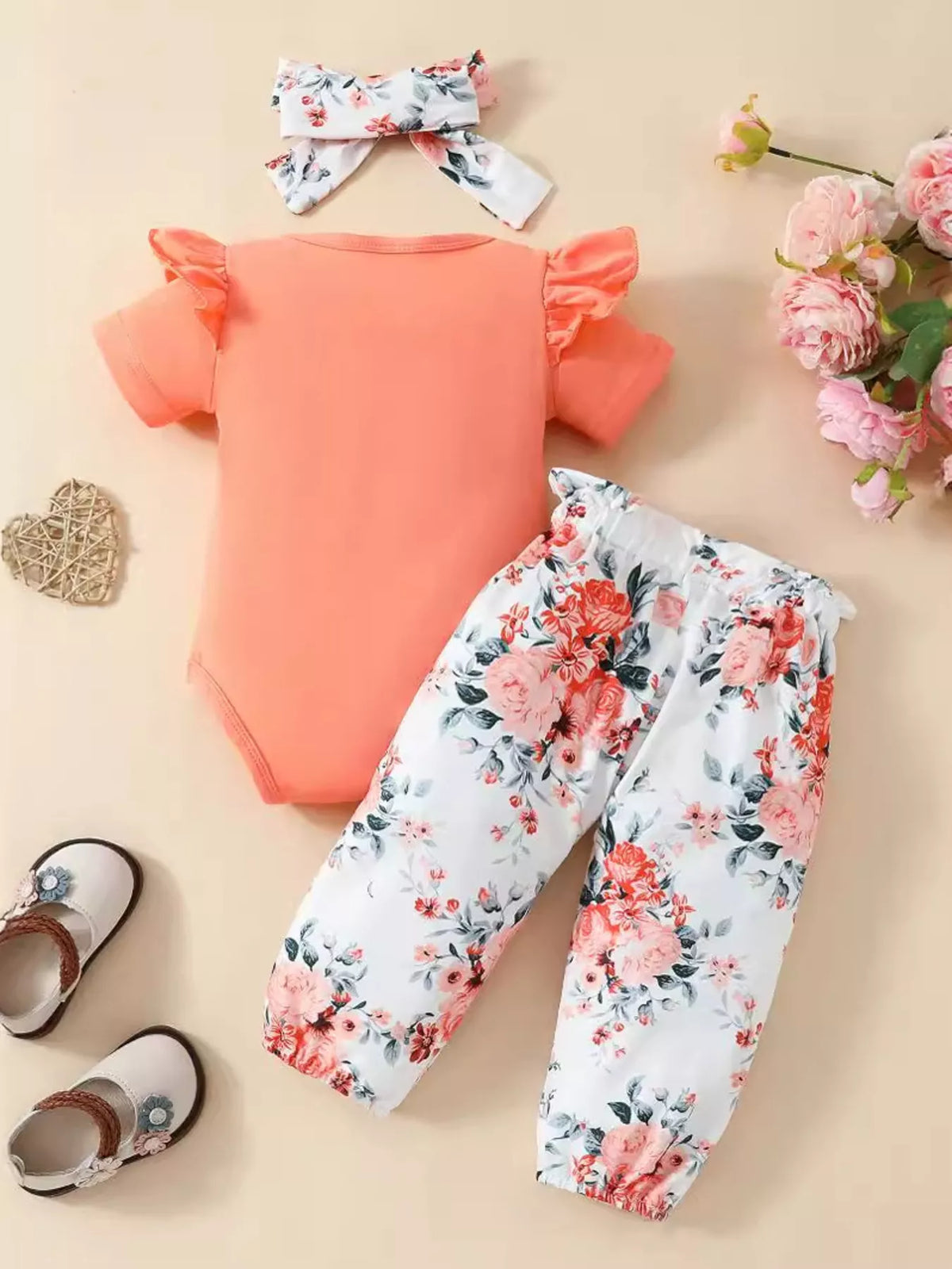 Baby Girl Ruffled Bodysuit & Pants Set with Headband – Cute 3-Piece Outfit - WYNFLARE