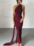 Backless One-Shoulder Ruched Bodycon Maxi Dress - WYNFLARE