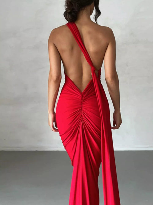 Backless One-Shoulder Ruched Bodycon Maxi Dress - WYNFLARE