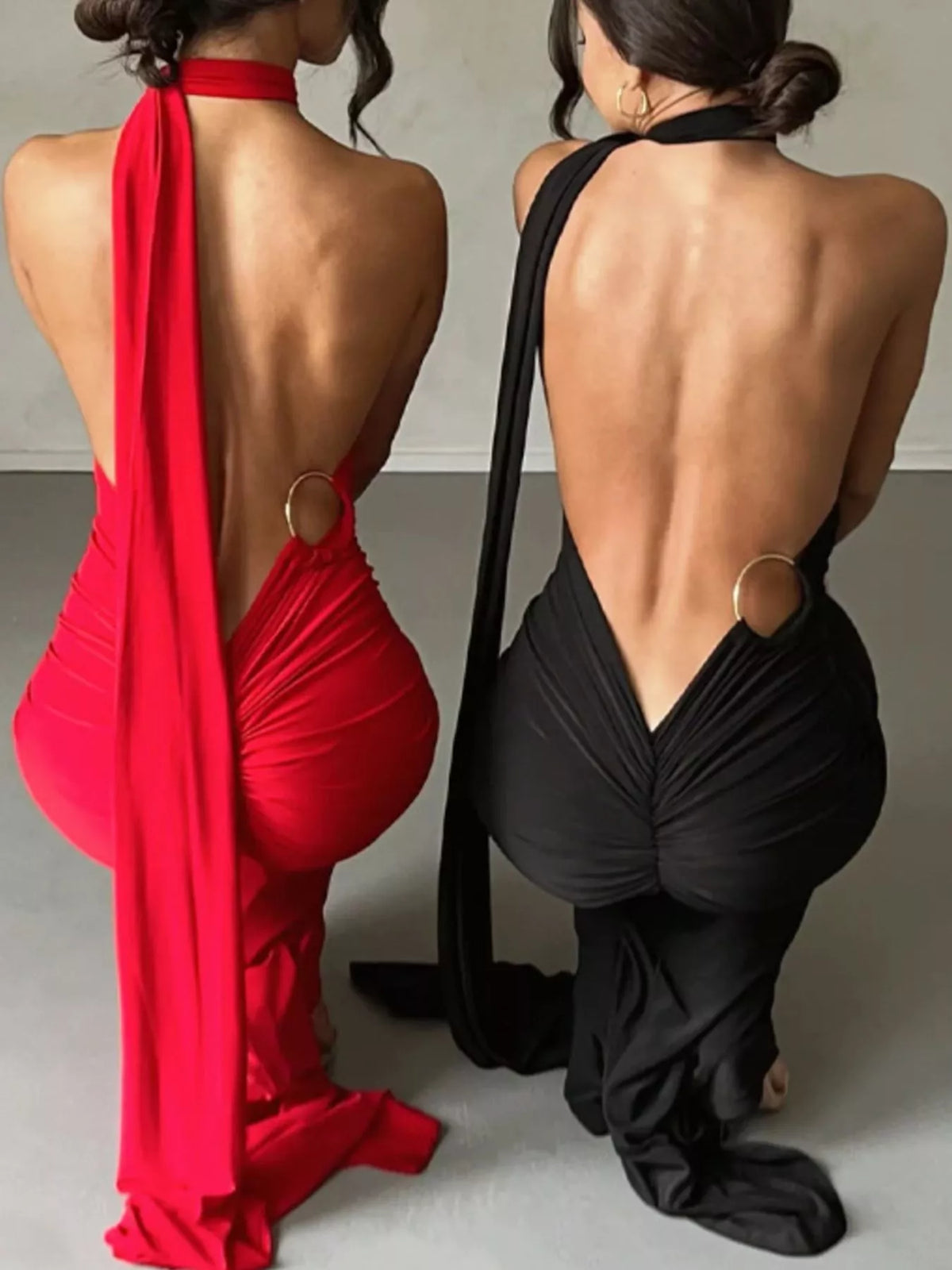 Backless One-Shoulder Ruched Bodycon Maxi Dress - WYNFLARE