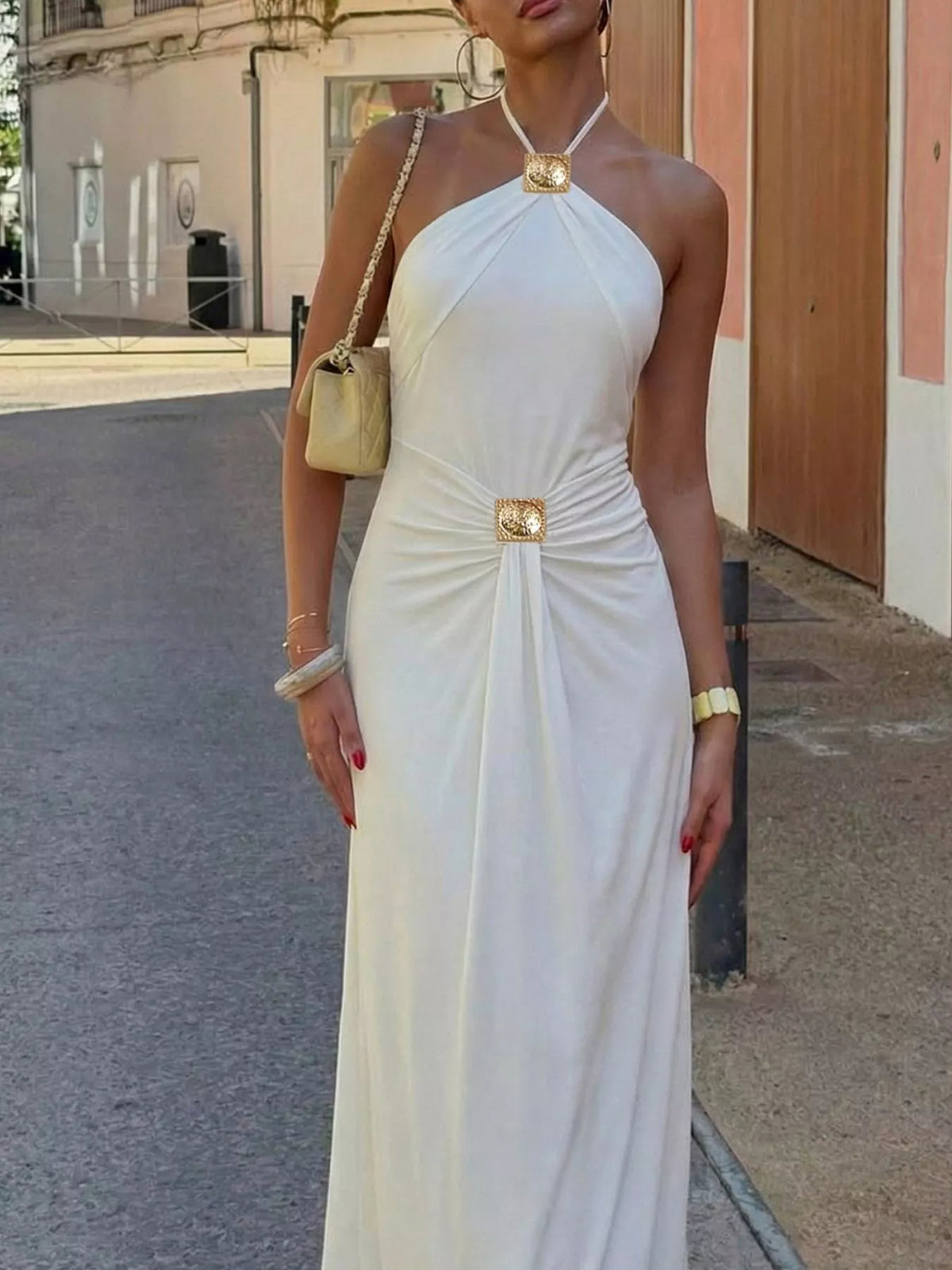 Backless Ruched Halter Neck Maxi Dress - WYNFLARE
