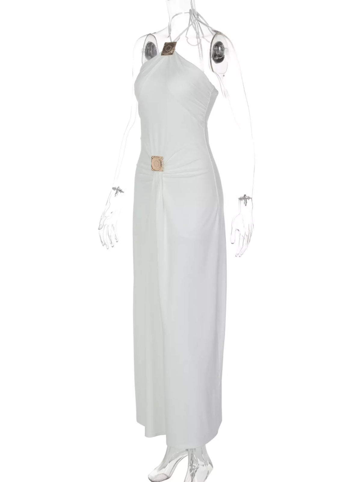 Backless Ruched Halter Neck Maxi Dress - WYNFLARE