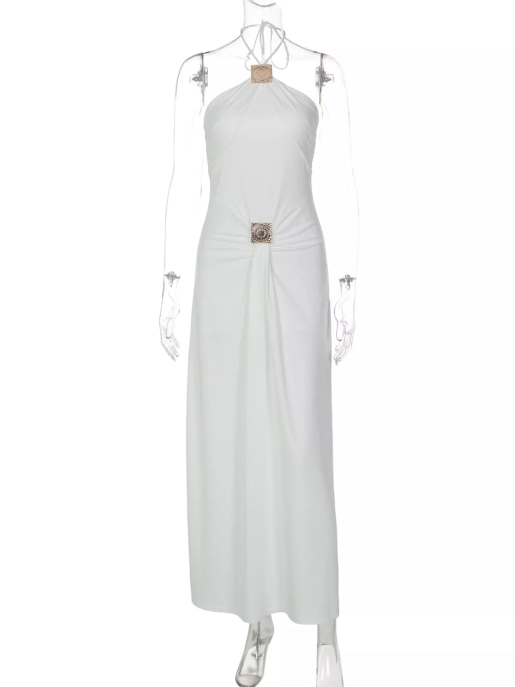 Backless Ruched Halter Neck Maxi Dress - WYNFLARE