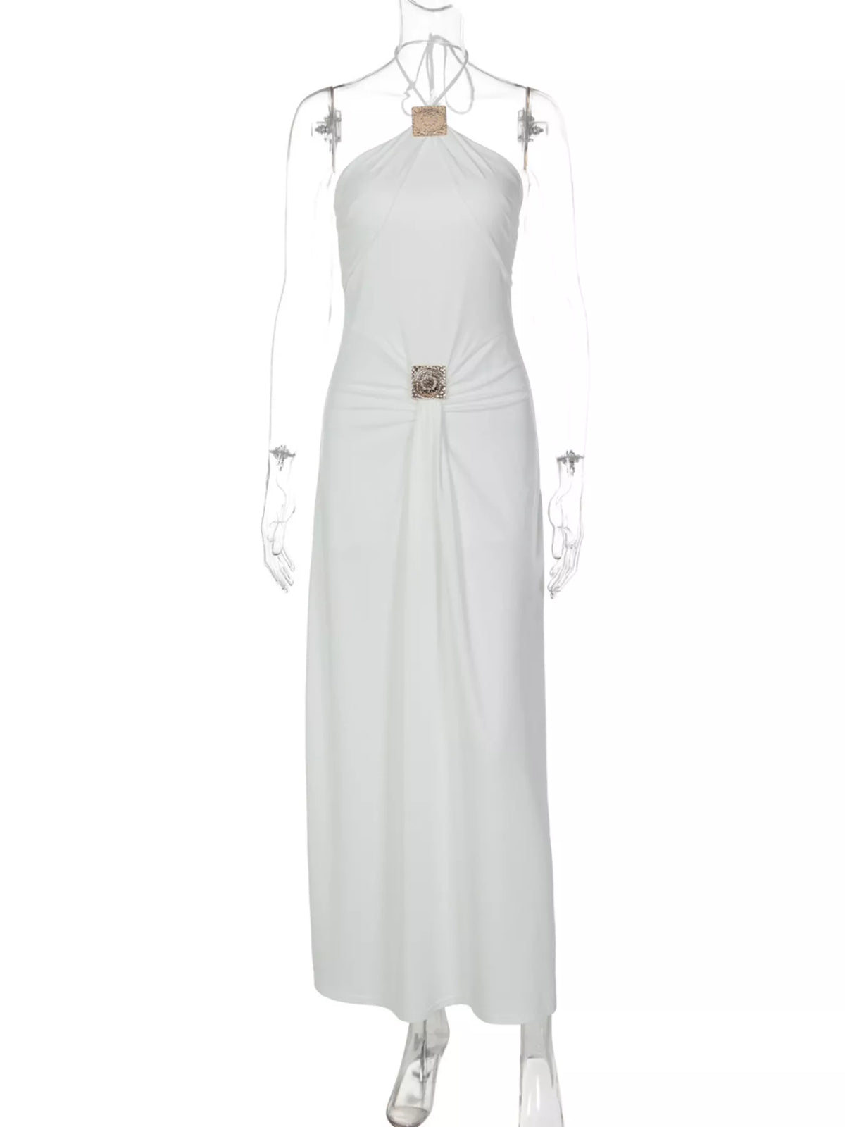 Backless Ruched Halter Neck Maxi Dress - WYNFLARE
