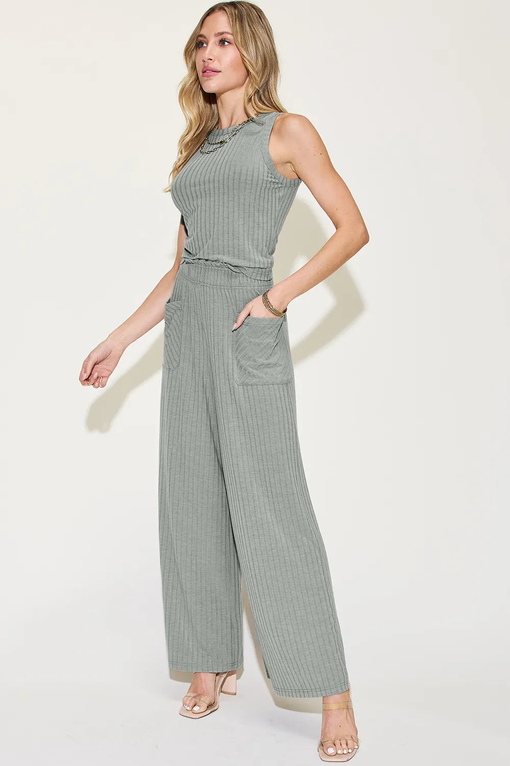 Basic Bae Full Size Ribbed Tank and Wide Leg Pants Set - WYNFLARE