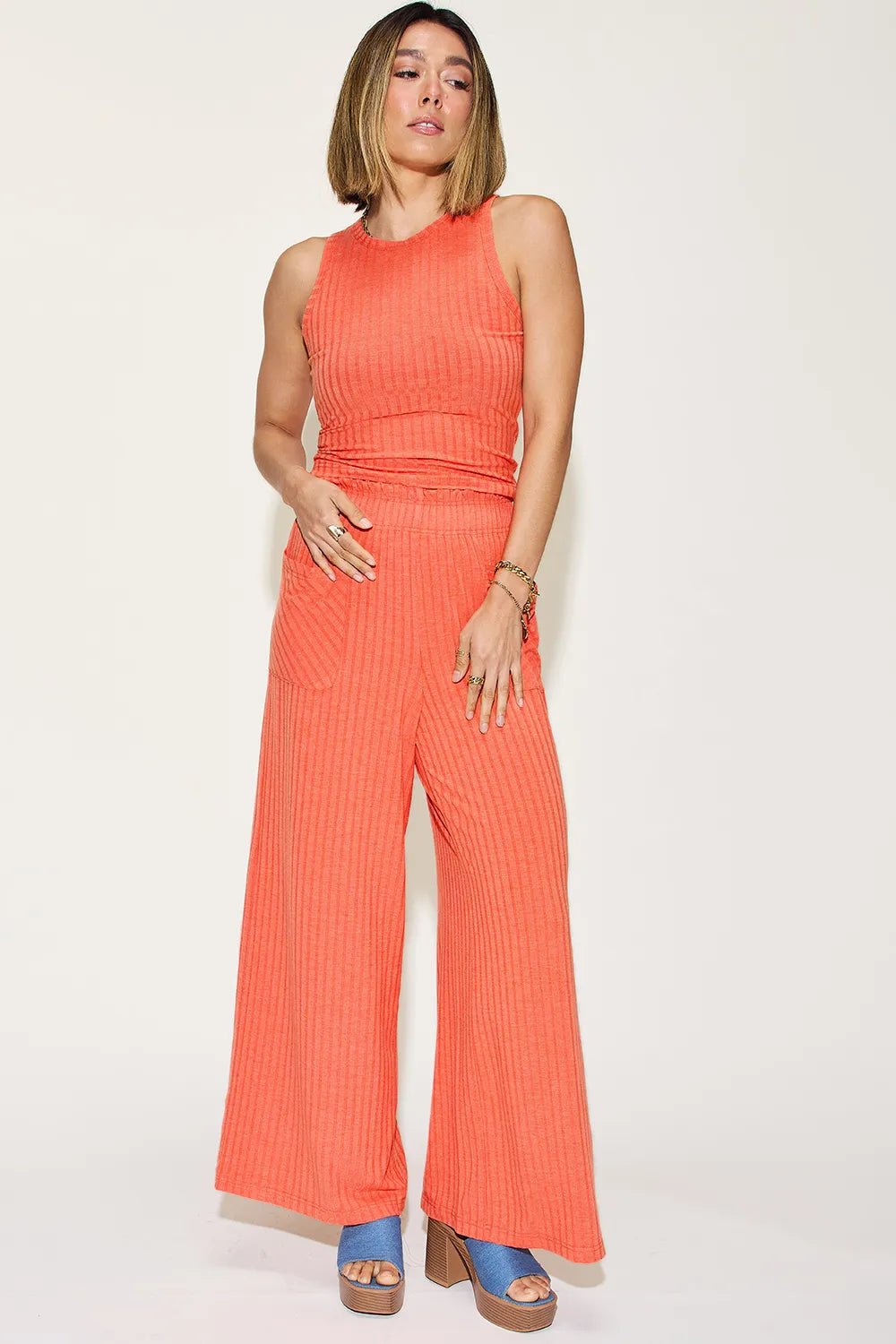Basic Bae Full Size Ribbed Tank and Wide Leg Pants Set - WYNFLARE