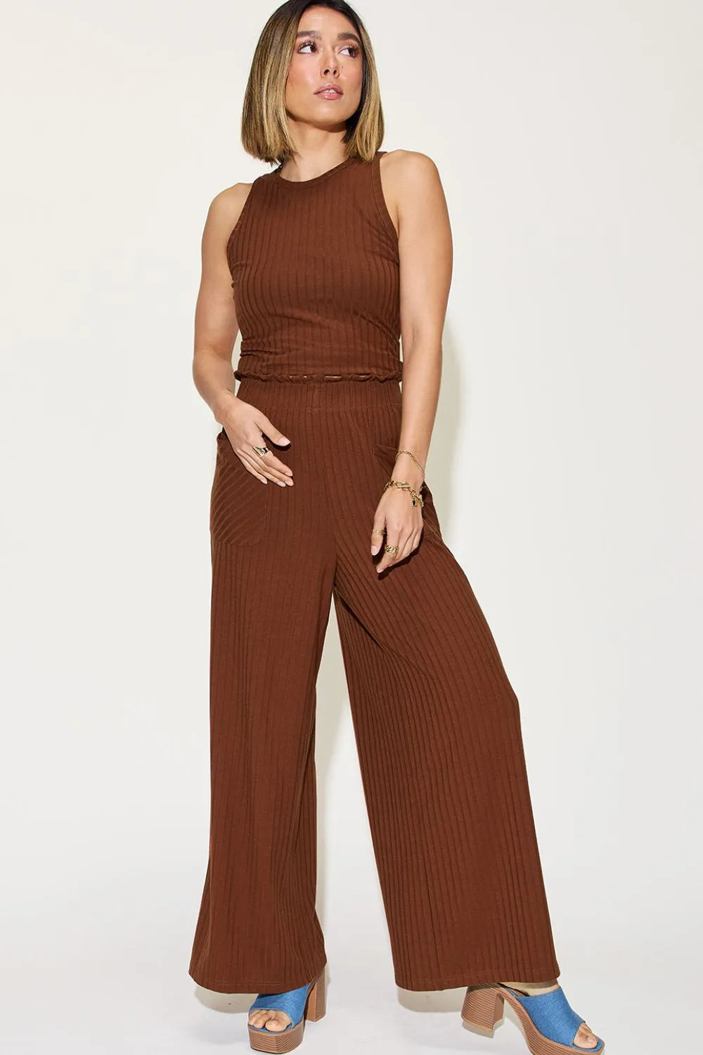 Basic Bae Full Size Ribbed Tank and Wide Leg Pants Set - WYNFLARE