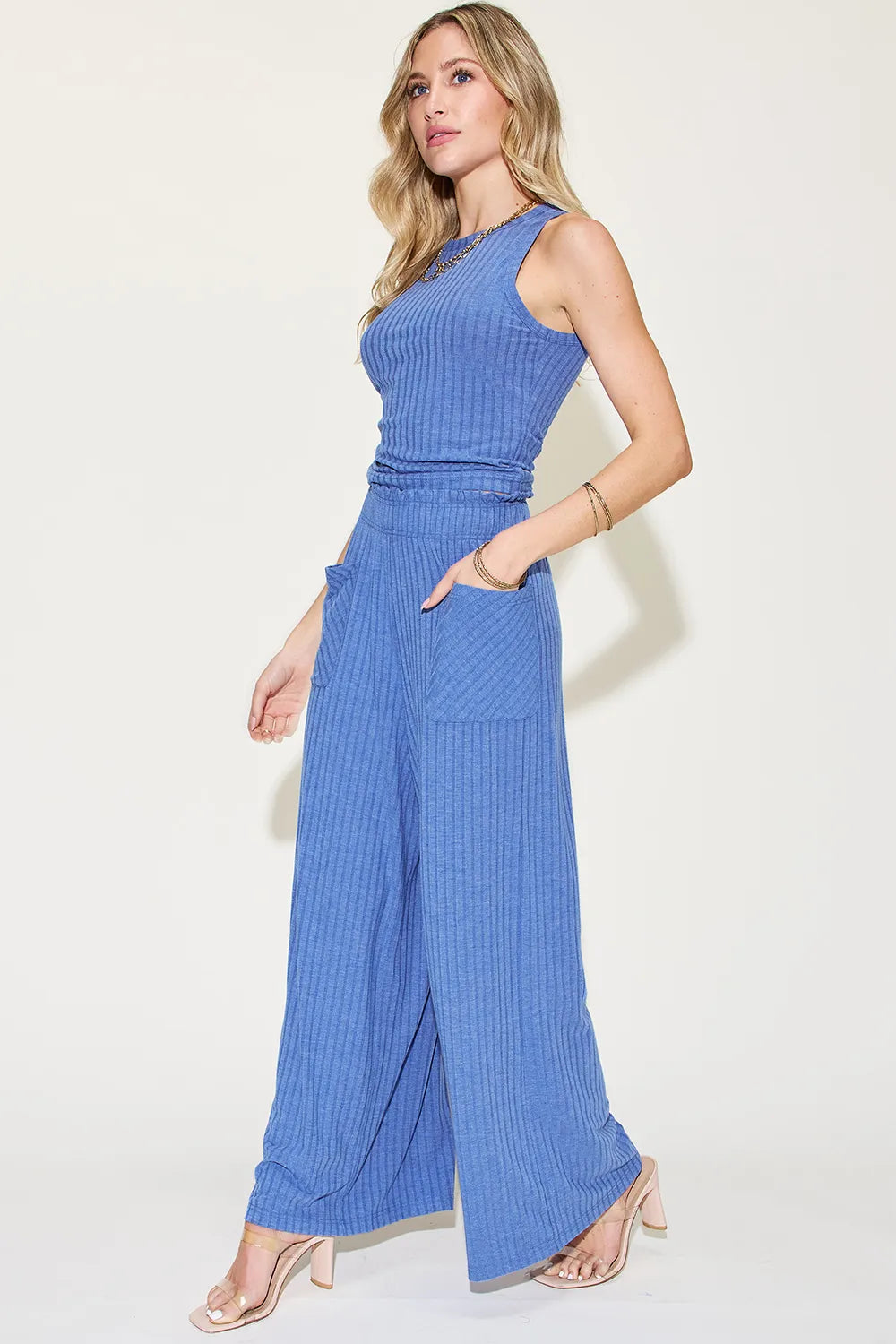 Basic Bae Full Size Ribbed Tank and Wide Leg Pants Set - WYNFLARE