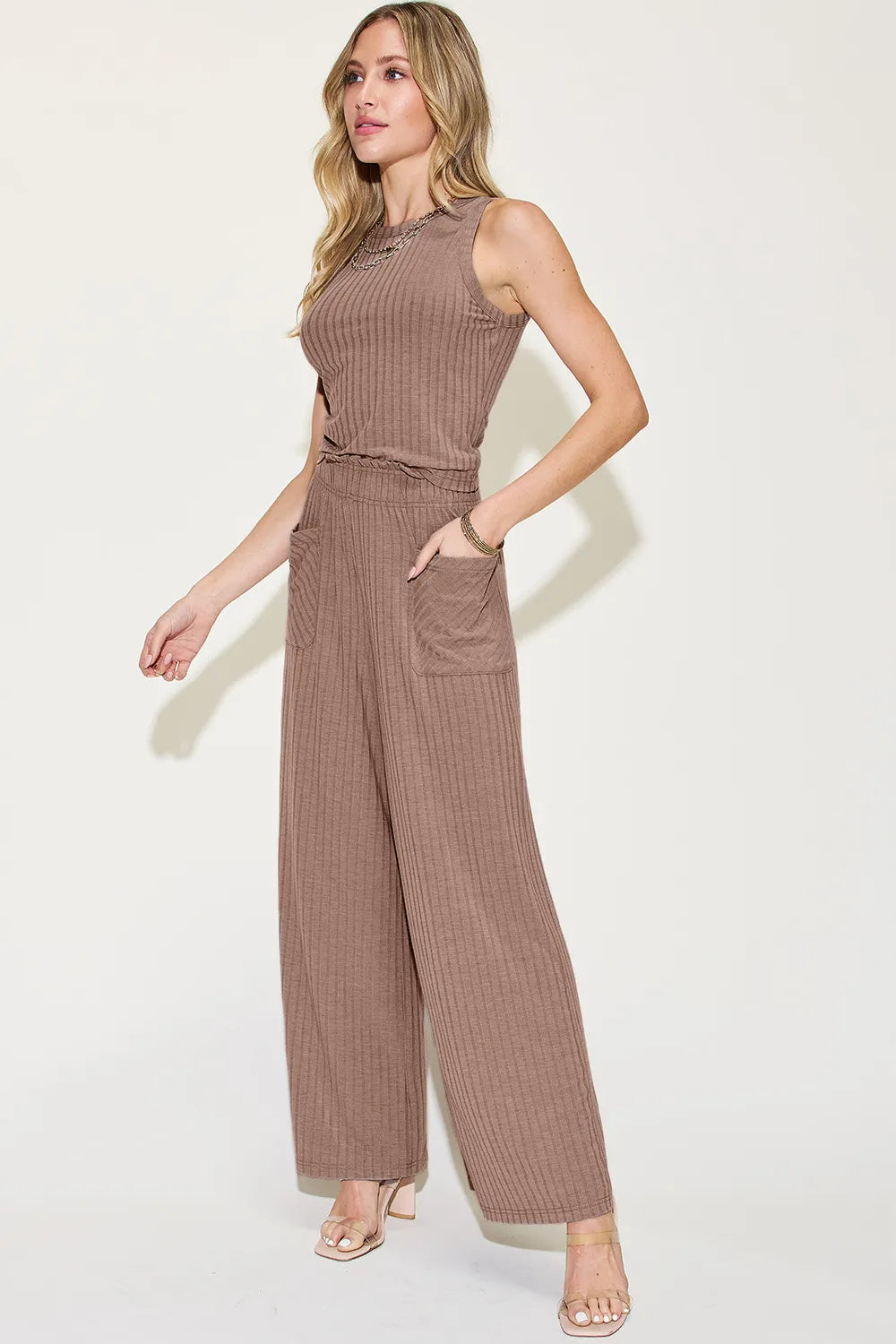 Basic Bae Full Size Ribbed Tank and Wide Leg Pants Set - WYNFLARE