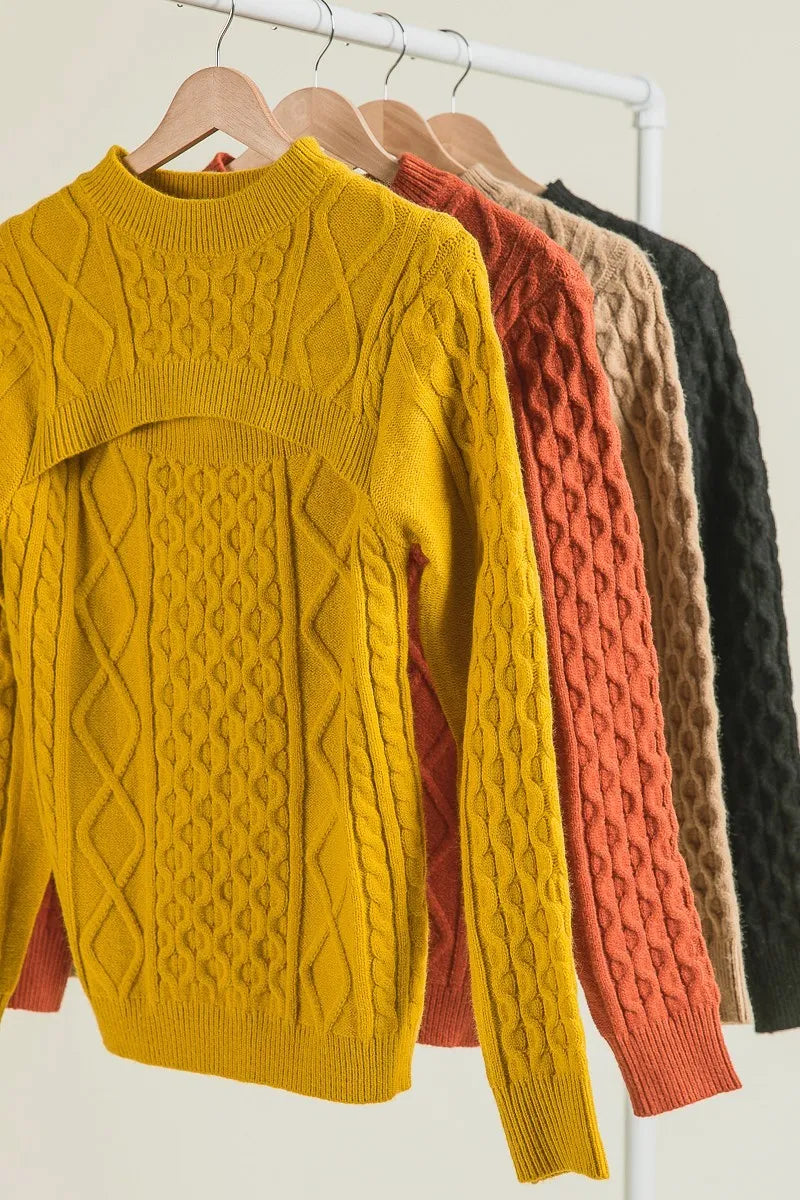 BiBi Cable-Knit Sweater with Cut Out Chest Detail - WYNFLARE