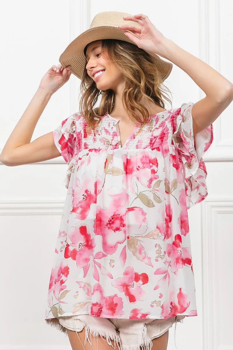 BiBi Floral Print Flutter Sheer Top - WYNFLARE