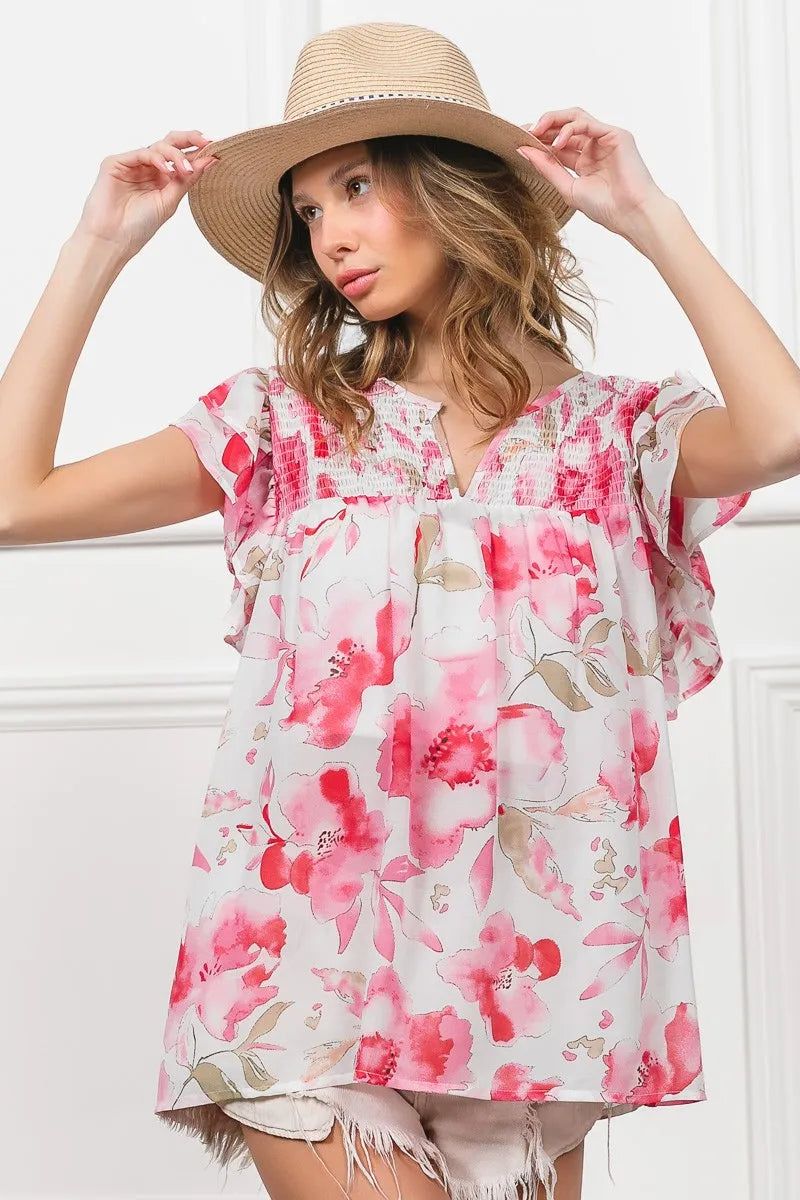 BiBi Floral Print Flutter Sheer Top - WYNFLARE