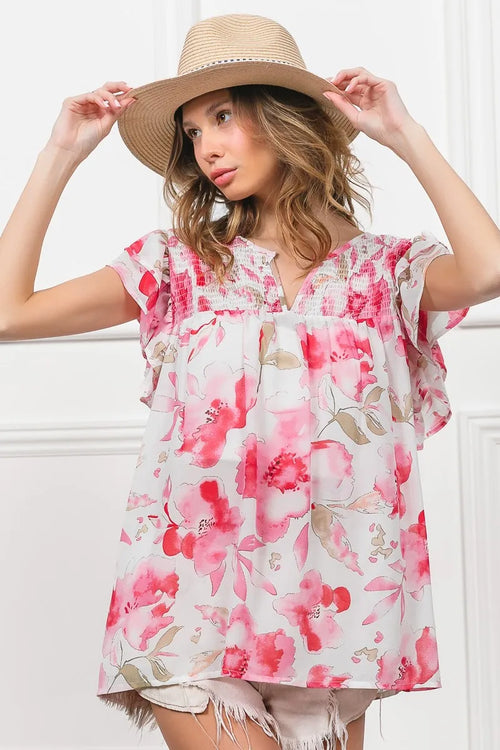 BiBi Floral Print Flutter Sheer Top - WYNFLARE
