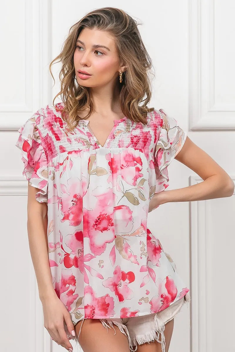 BiBi Floral Print Flutter Sheer Top - WYNFLARE