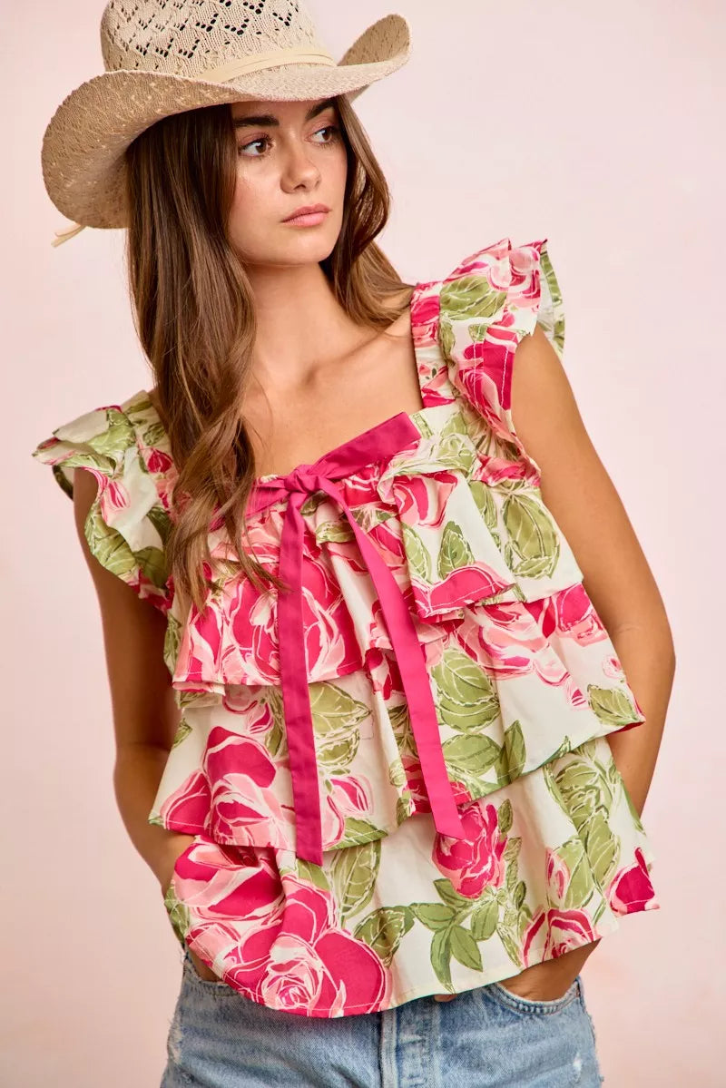 BiBi Floral Print Woven Bow Tie Ruffle Square Neck Top - WYNFLARE