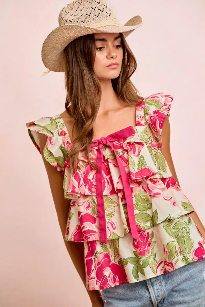 BiBi Floral Print Woven Bow Tie Ruffle Square Neck Top - WYNFLARE