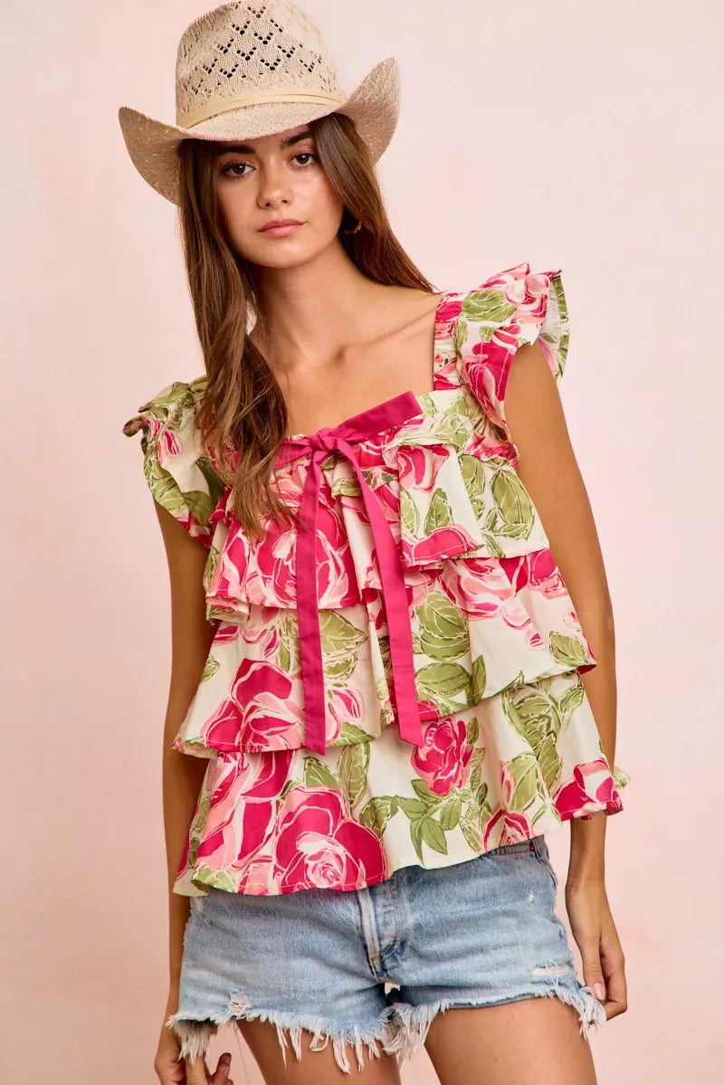 BiBi Floral Print Woven Bow Tie Ruffle Square Neck Top - WYNFLARE