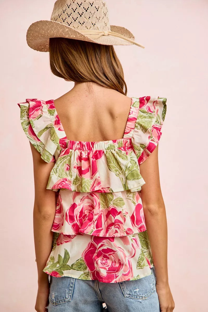 BiBi Floral Print Woven Bow Tie Ruffle Square Neck Top - WYNFLARE