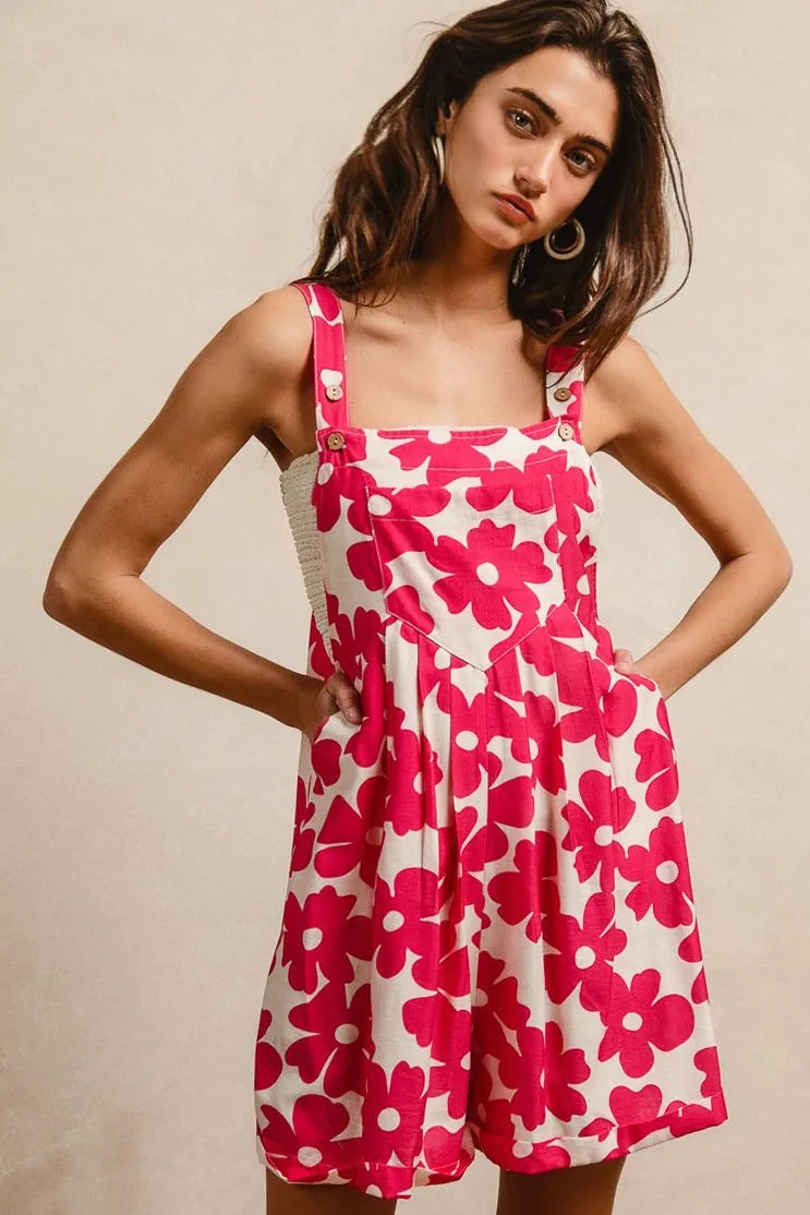 BiBi Floral Prints Tuck Detail Short Overall With Pockets - WYNFLARE