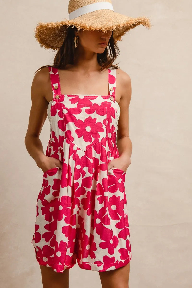 BiBi Floral Prints Tuck Detail Short Overall With Pockets - WYNFLARE