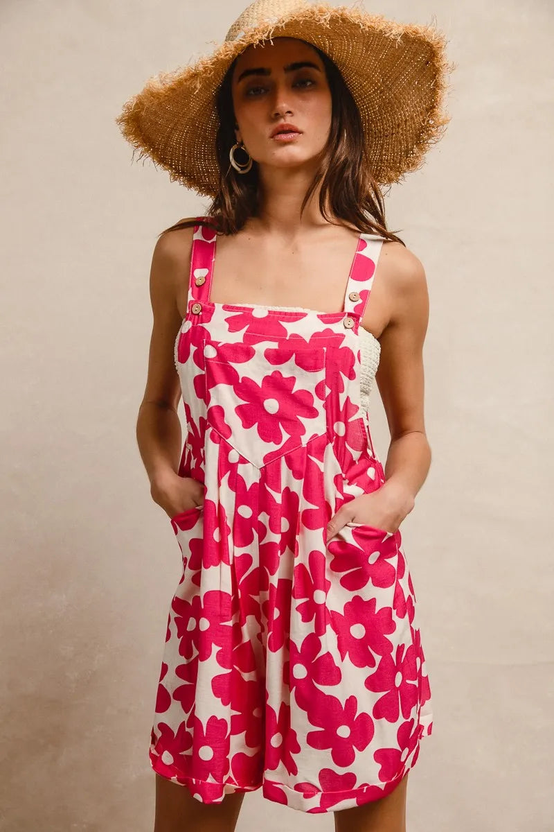 BiBi Floral Prints Tuck Detail Short Overall With Pockets - WYNFLARE