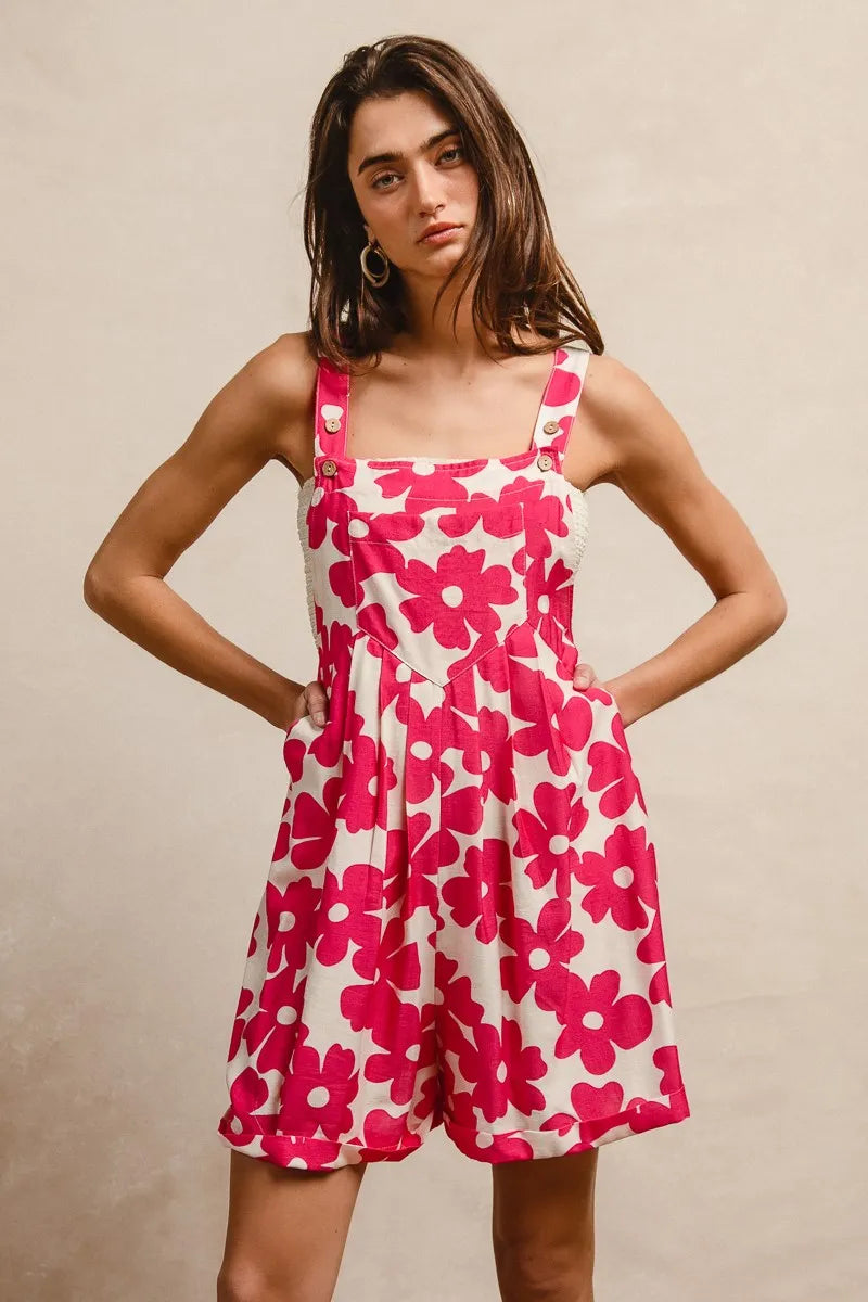 BiBi Floral Prints Tuck Detail Short Overall With Pockets - WYNFLARE