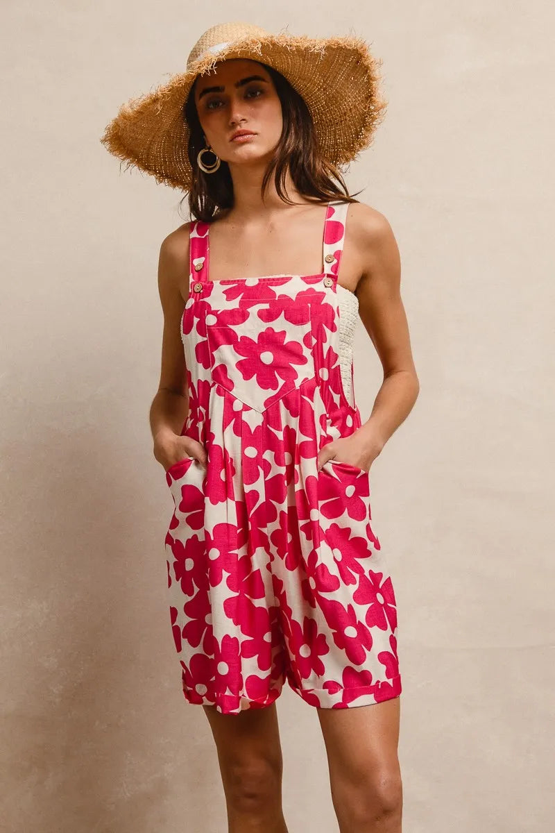 BiBi Floral Prints Tuck Detail Short Overall With Pockets - WYNFLARE