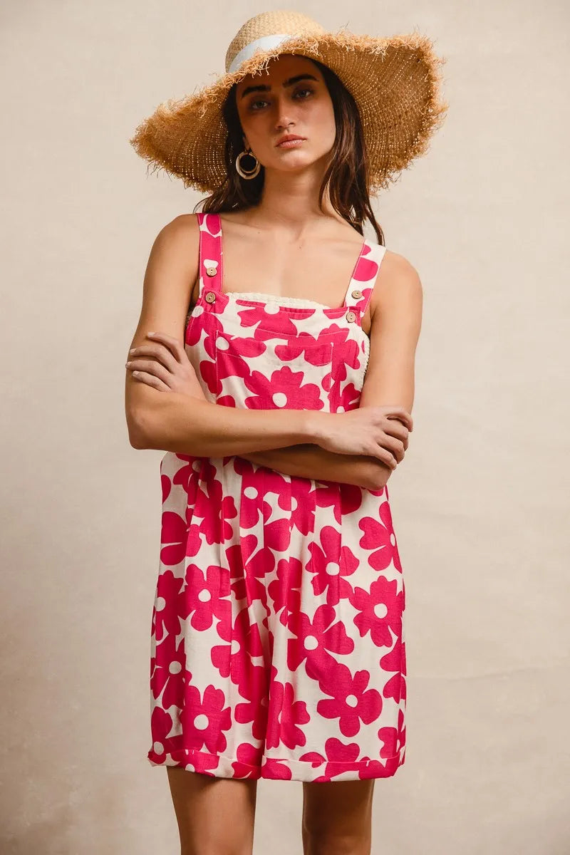 BiBi Floral Prints Tuck Detail Short Overall With Pockets - WYNFLARE
