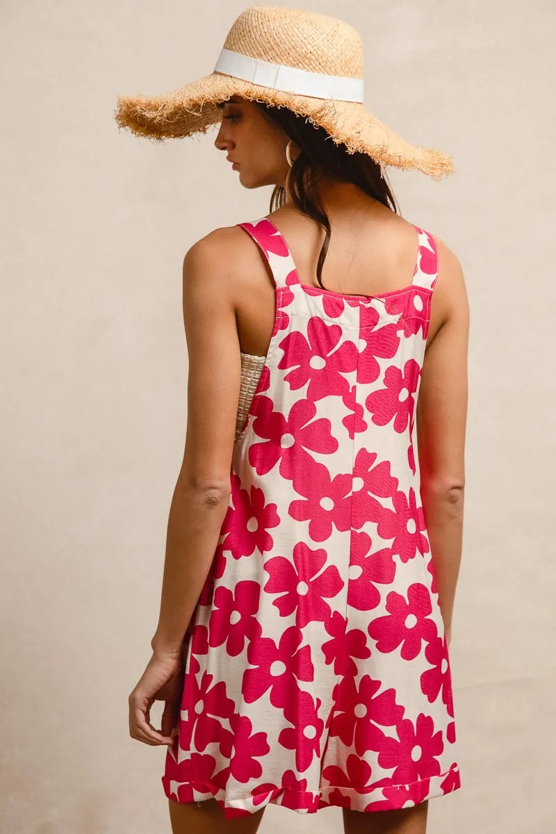 BiBi Floral Prints Tuck Detail Short Overall With Pockets - WYNFLARE