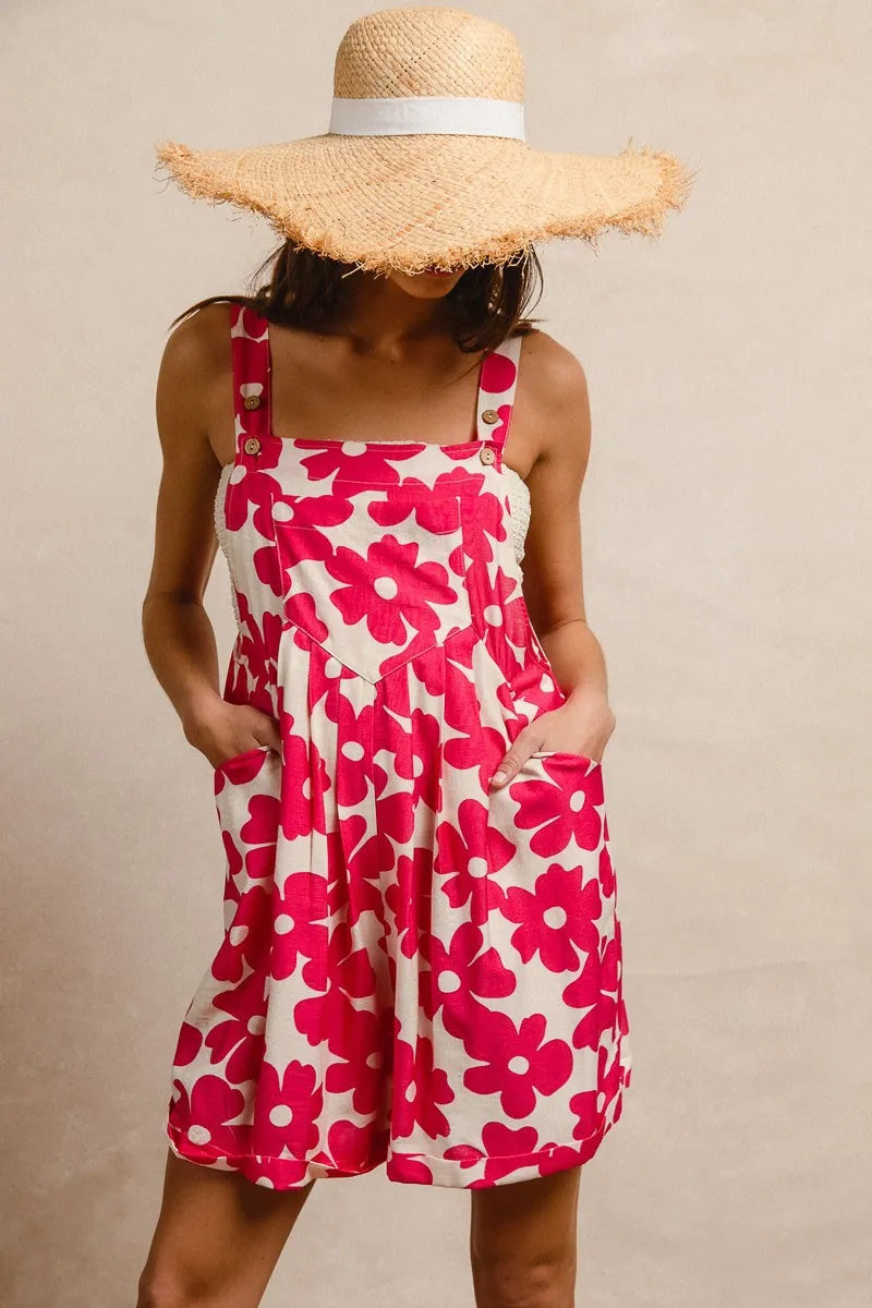 BiBi Floral Prints Tuck Detail Short Overall With Pockets - WYNFLARE