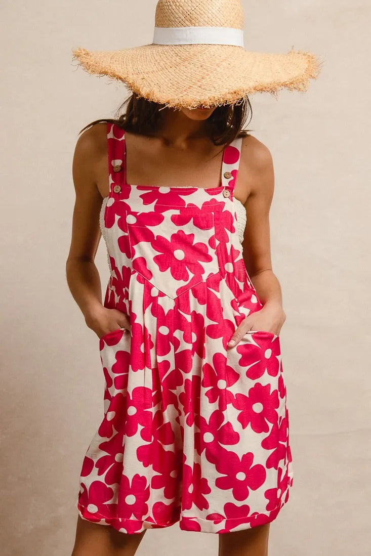 BiBi Floral Prints Tuck Detail Short Overall With Pockets - WYNFLARE