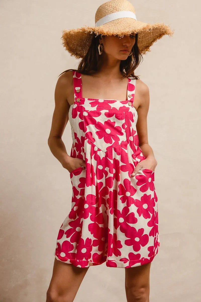 BiBi Floral Prints Tuck Detail Short Overall With Pockets - WYNFLARE