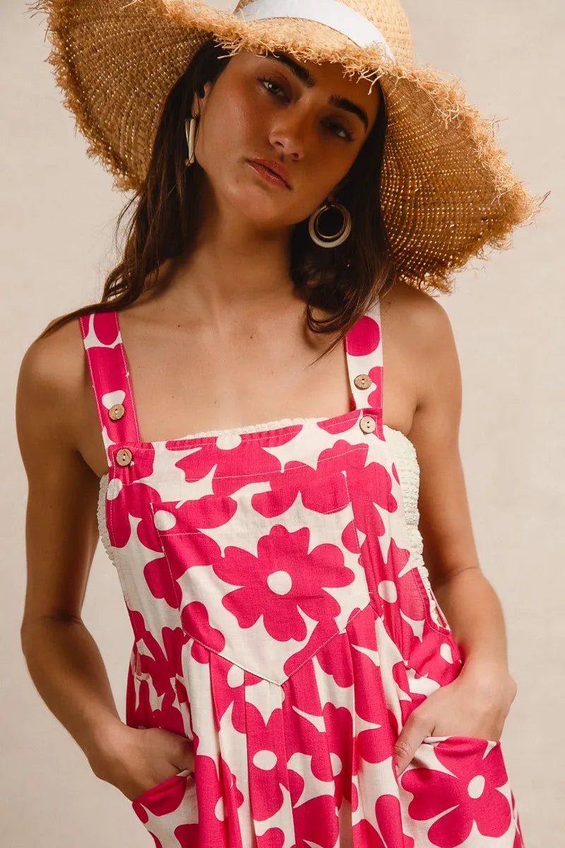 BiBi Floral Prints Tuck Detail Short Overall With Pockets - WYNFLARE