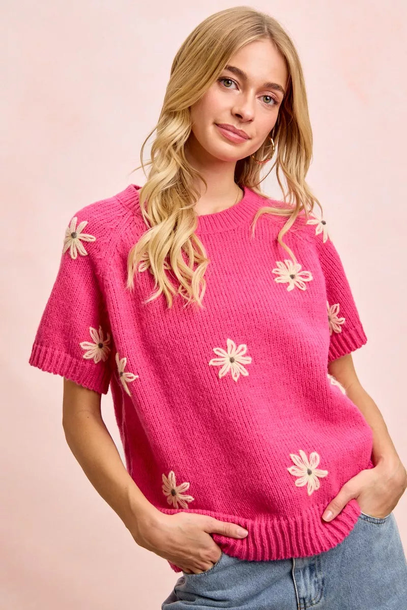 BiBi Flower Embroidered Short Sleeves Knit Top - WYNFLARE