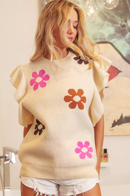 BiBi Flower Printed Ruffled Sleeves Top - WYNFLARE
