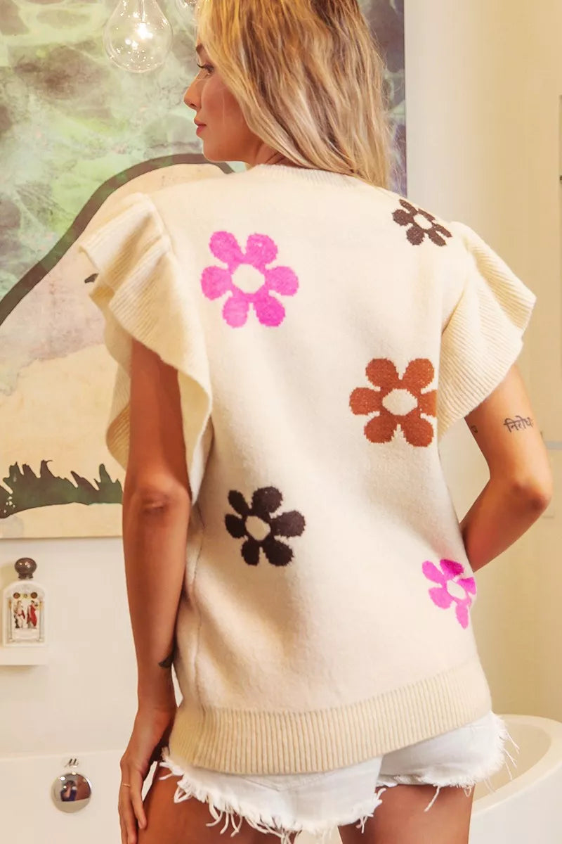 BiBi Flower Printed Ruffled Sleeves Top - WYNFLARE