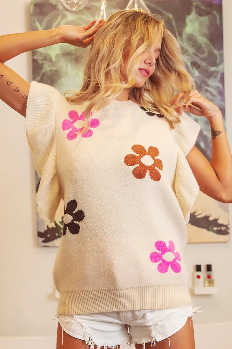 BiBi Flower Printed Ruffled Sleeves Top - WYNFLARE