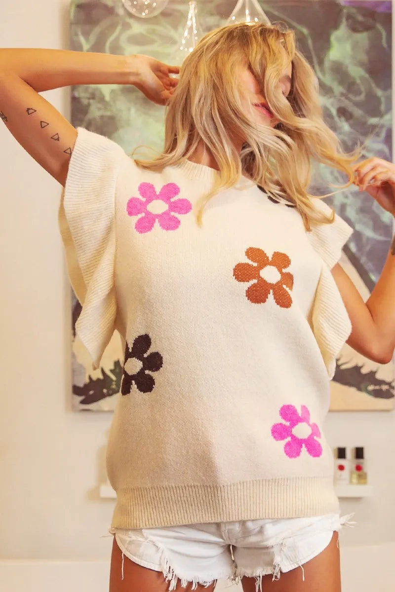 BiBi Flower Printed Ruffled Sleeves Top - WYNFLARE