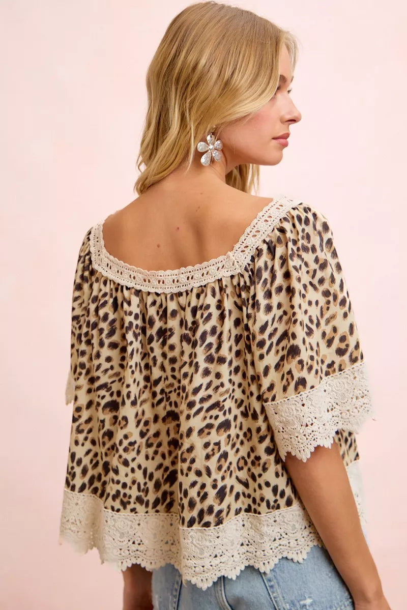BiBi Leopard Lace Mix And Match Square Neckline Top - WYNFLARE