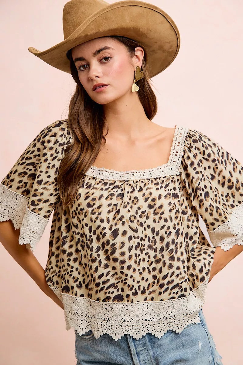 BiBi Leopard Lace Mix And Match Square Neckline Top - WYNFLARE