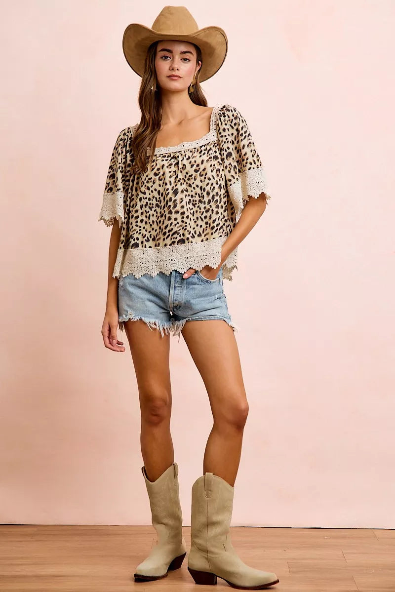BiBi Leopard Lace Mix And Match Square Neckline Top - WYNFLARE